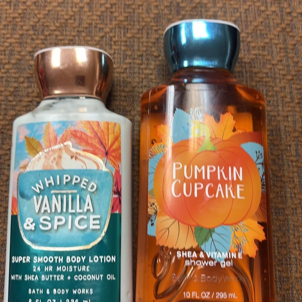 Bath and body whipped vanilla and spice lotion and pumpkin cupcake shower gel